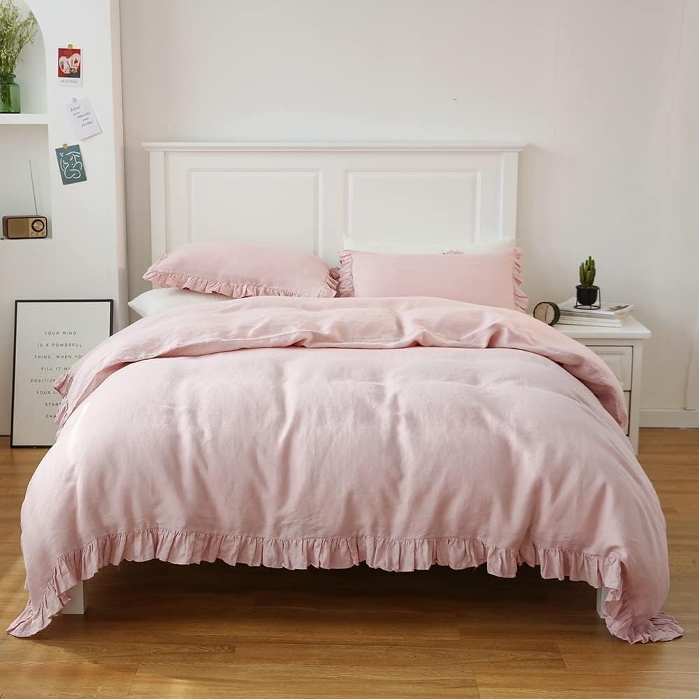 Simple&Opulence 100% Linen Duvet Cover Set, 3 PCS Natural French Flax Blush Pink Ruffle Duvet Cover King Size, Breathable Comfy Linen Bedding Comforter Cover with 2 Pillowcases(Blush Pink, 104' X 92')