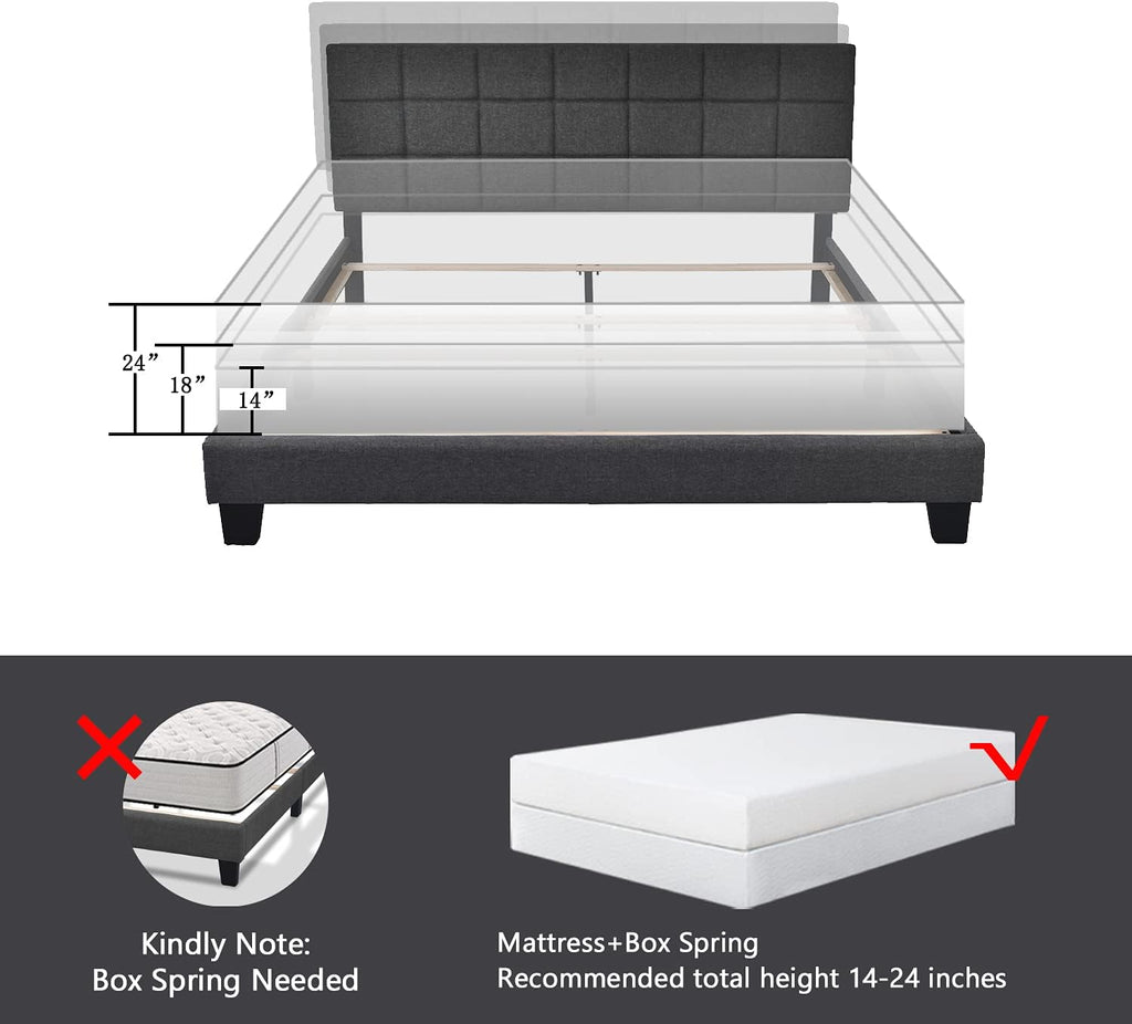 Allewie Full Size Panel Bed Frame with Adjustable Headboard for High Profile/Fabric Upholstered/Square Stitched Padded Headboard/Box Spring or Bunkie Board Required/Dark Grey