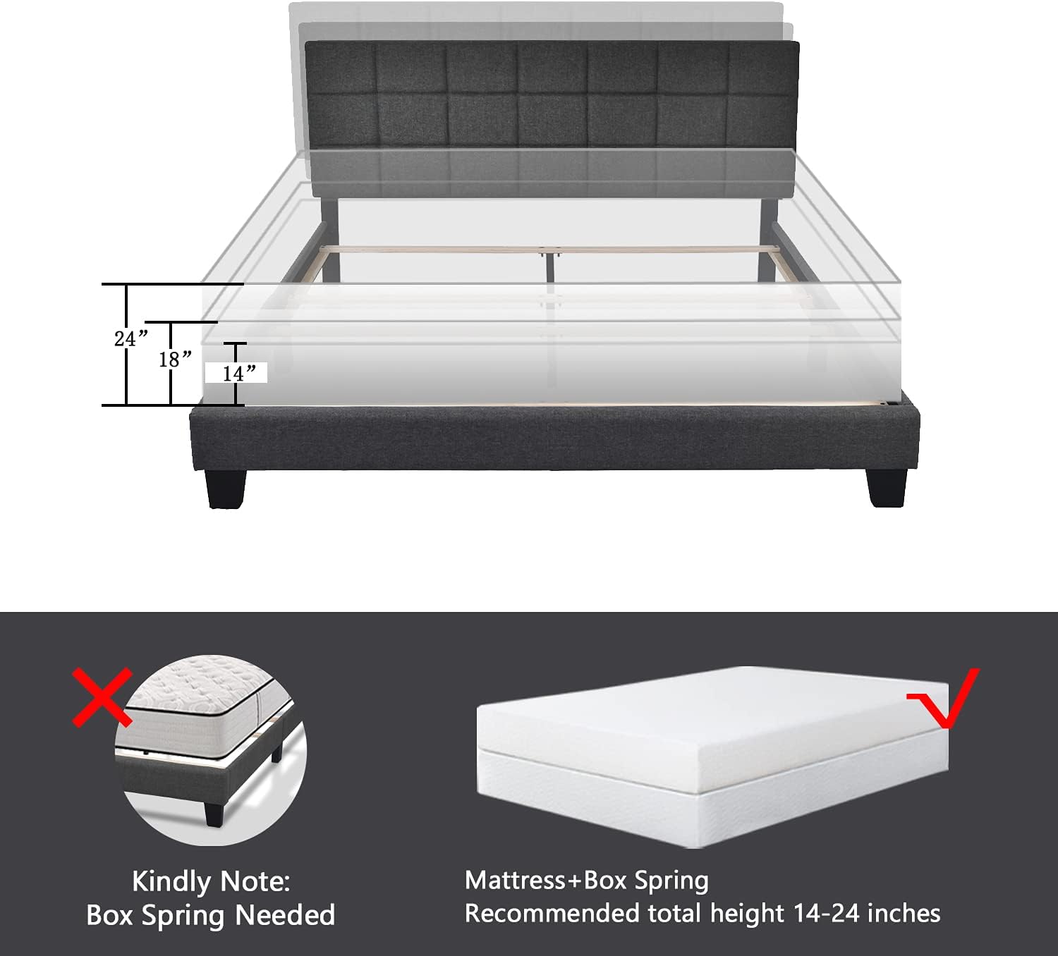 Allewie Full Size Panel Bed Frame with Adjustable Headboard for High Profile/Fabric Upholstered/Square Stitched Padded Headboard/Box Spring or Bunkie Board Required/Dark Grey