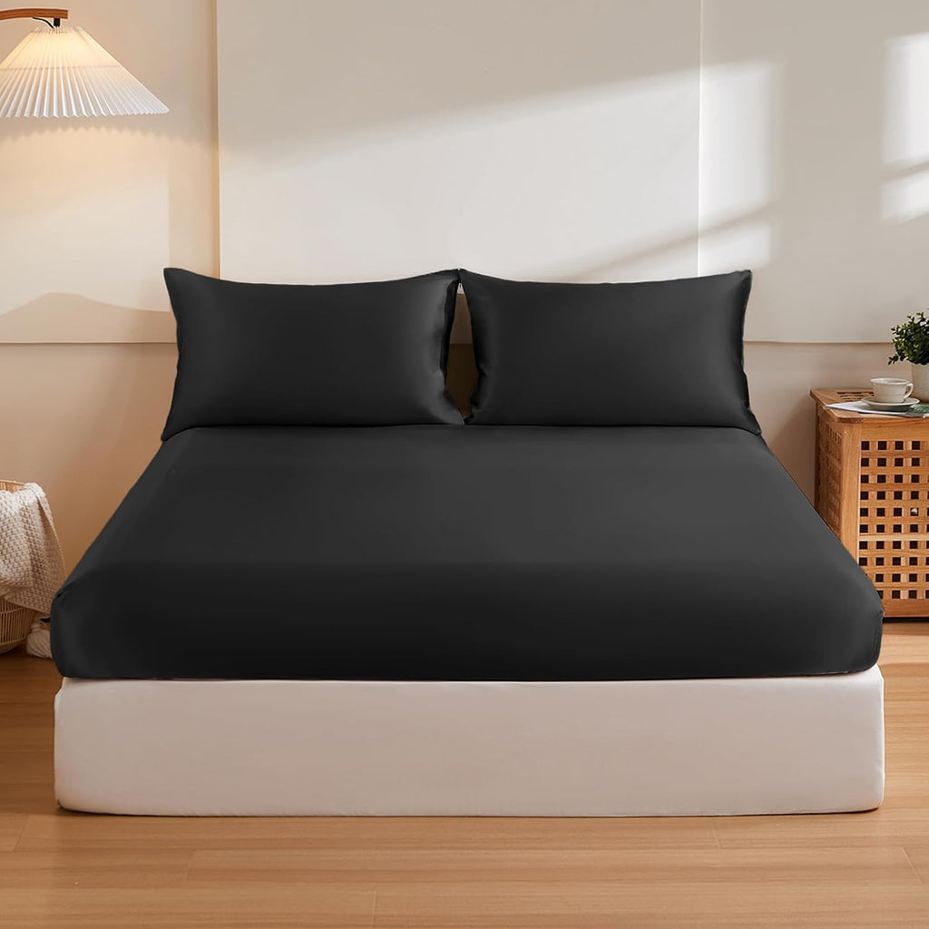 THXSILK 6A+ Top Grade 100% Pure Mulberry Silk Cal. King Fitted Sheet 3Pcs Set Bed Sheets Luxury Bedding for Hair and Skin Cooling Soft Durable, 1 Fitted Sheet with 2 Pillowcases, Black