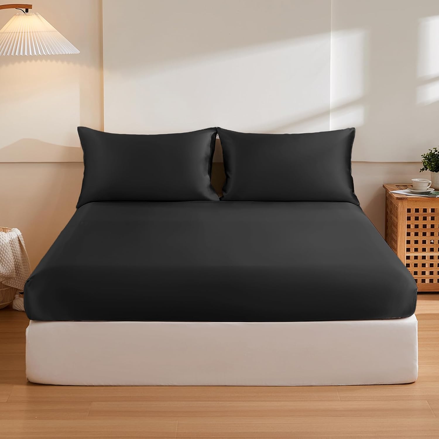 THXSILK 6A+ Top Grade 100% Pure Mulberry Silk Cal. King Fitted Sheet 3Pcs Set Bed Sheets Luxury Bedding for Hair and Skin Cooling Soft Durable, 1 Fitted Sheet with 2 Pillowcases, Black