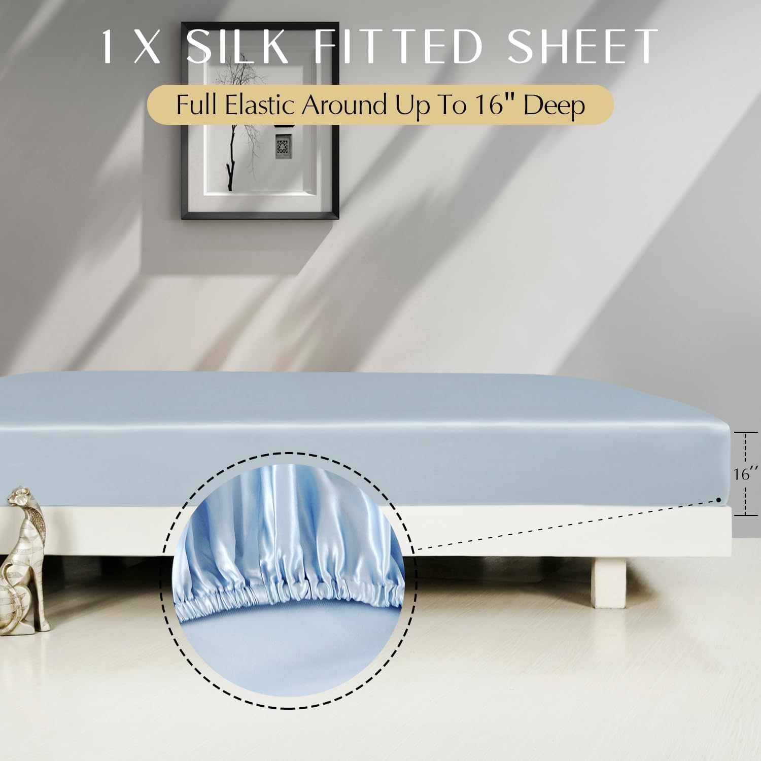 ZIMASILK 4 Pcs 100% Mulberry Silk Bed Sheet Set,All Side 19 Momme Silk (Queen, Light Blue)