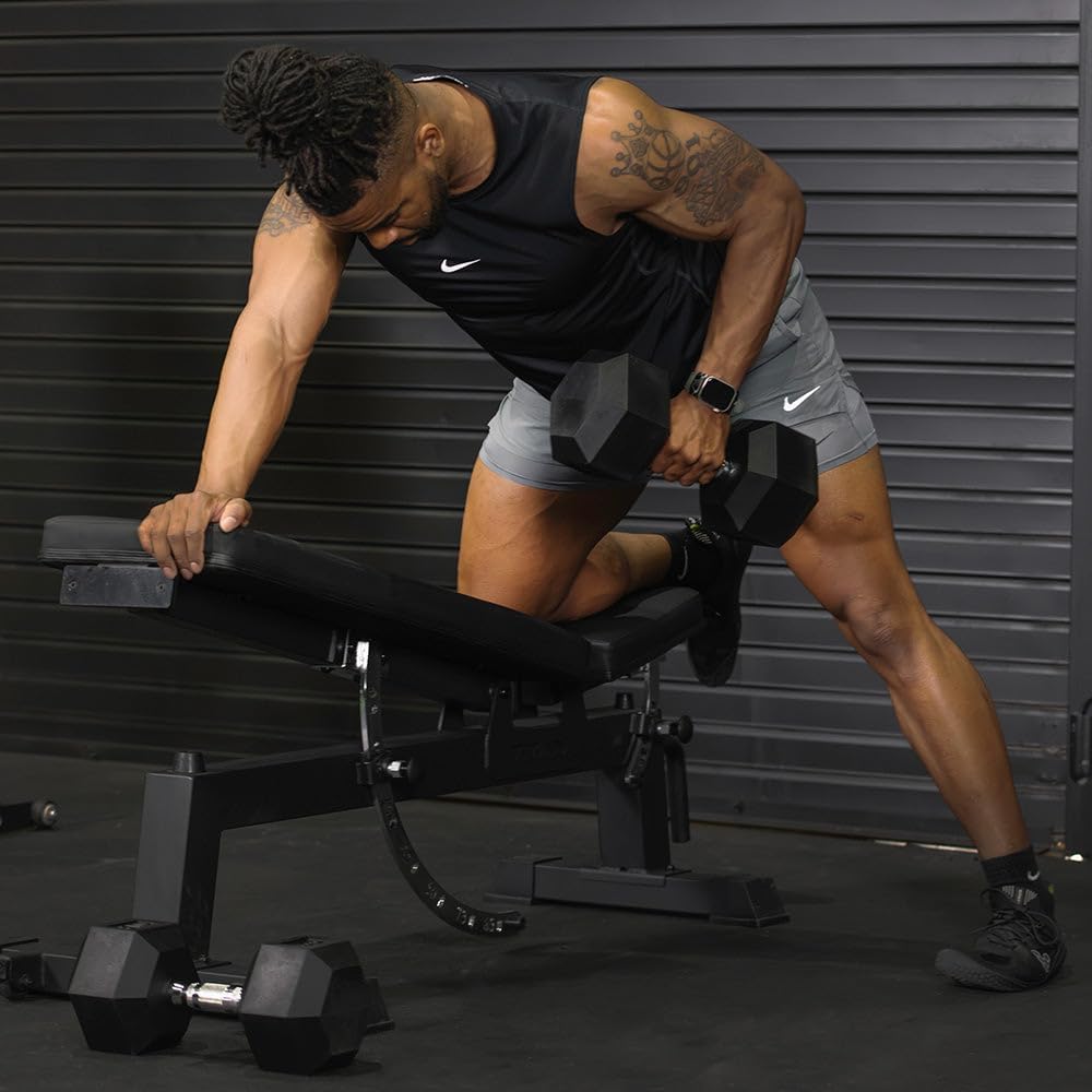 Titan Fitness Rubber Hex Dumbbells, 5 LB-50 LB Set of Pairs, Roll-Resistant Hexagonal Free Weights, Hex Dumbbell set with Chrome-Coated Handles, Free Weight Set, Strength Training Equipment