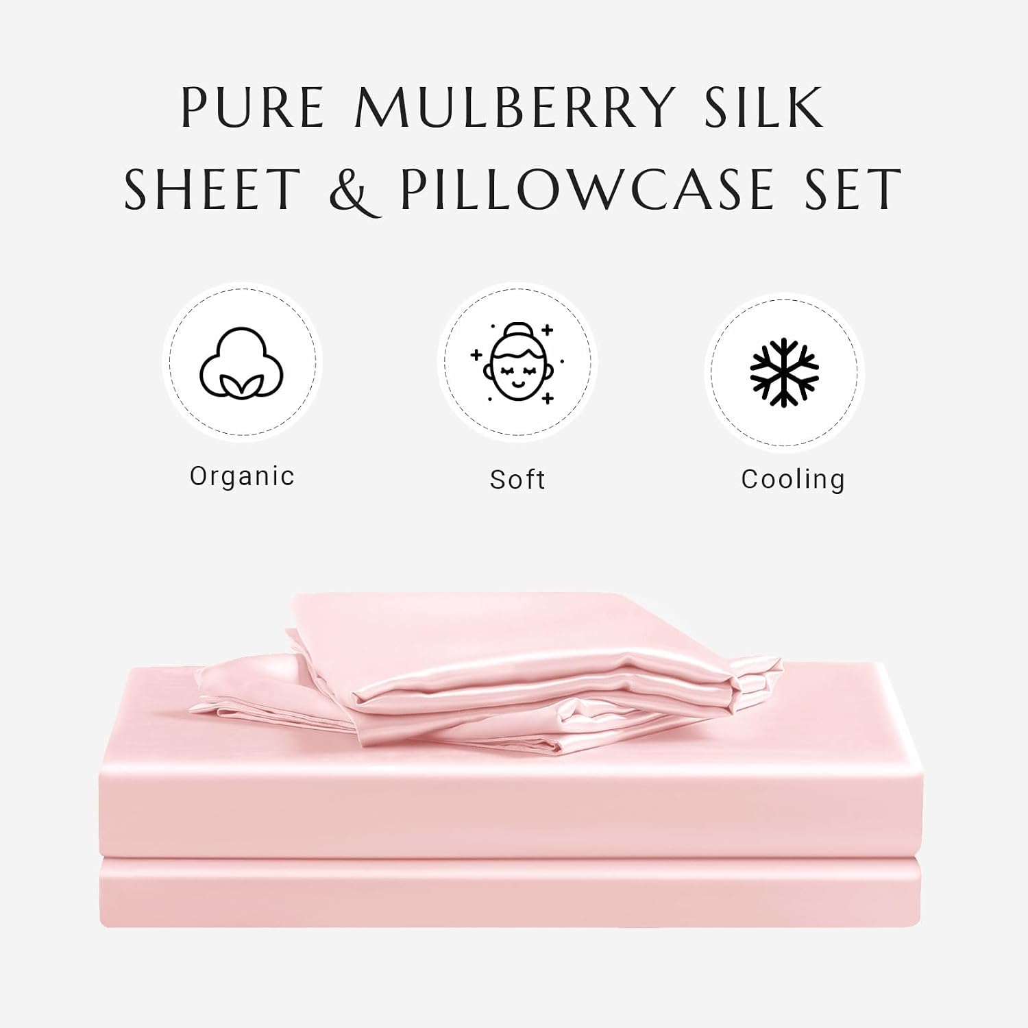 THXSILK 100% Silk Sheet Set, 7A+ Silk Sheet Set Soft Breathable, Luxury Bedding (1 Duvet Cover, 1 Fitted Sheet, 2 Pillow Shams), King, Charming Pink