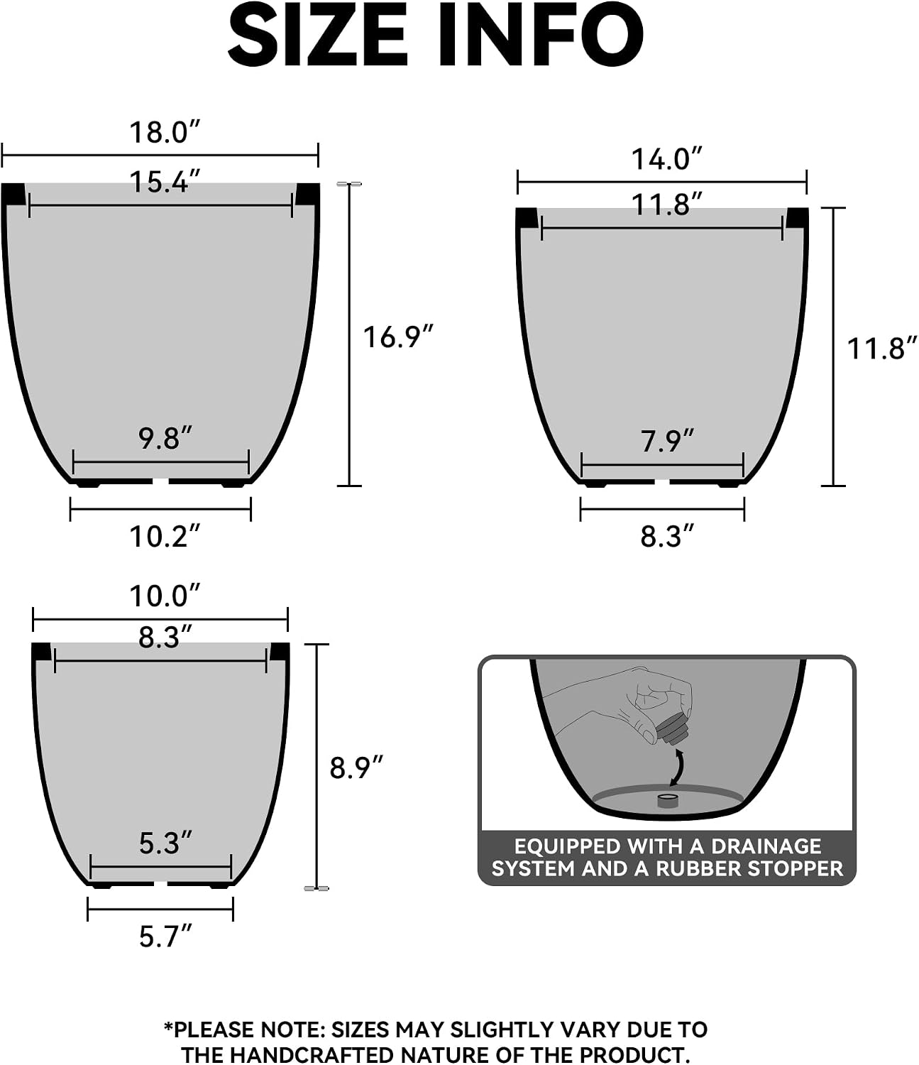 Kante 18',14',10' Dia Concrete Round Planters (Set of 3), Outdoor Indoor Large Planter Pots with Drainage Hole and Rubber Plug for Home Patio Garden, Light Gray