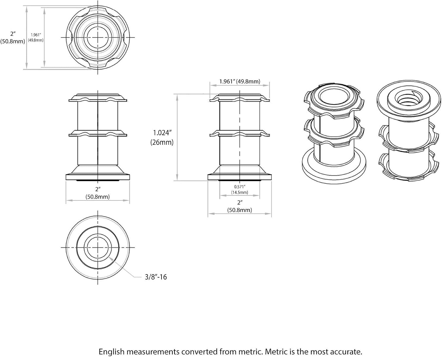 Outwater Industries Double Star Threaded Caster Insert | Heat Treated Steel | Fits 2 Inch Round 16-18 Gauge Tube | Thread: 3/8-16 | 100 Pack