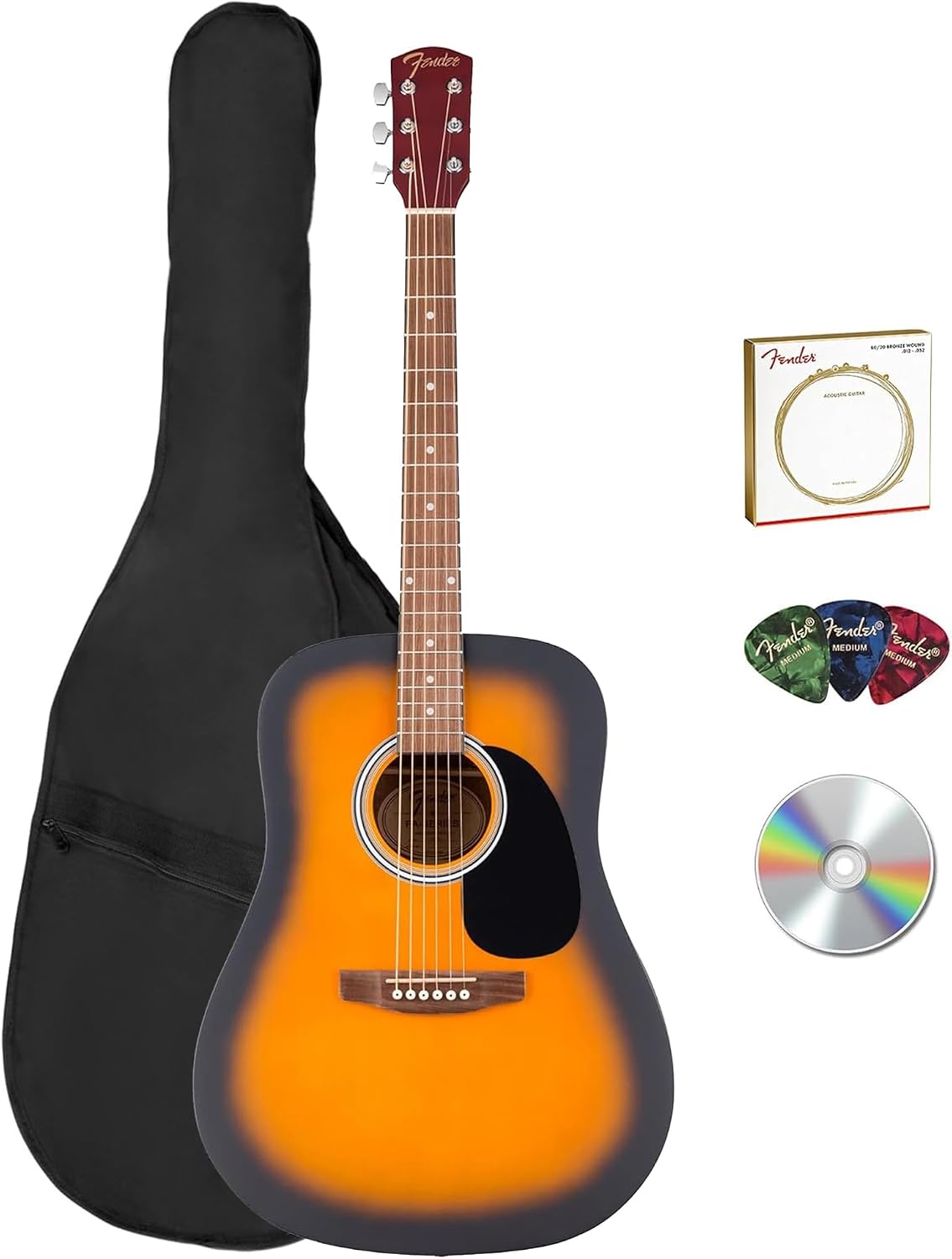 Fender FA Series Dreadnought Acoustic Guitar - 2-Color Sunburst Bundle with Gig Bag, Strings, Picks, and Austin Bazaar Instructional DVD