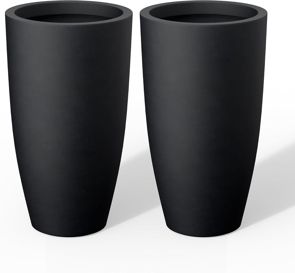 Kante 23.6' H Black Tall Planters (Set of 2), Large Outdoor Indoor Decorative Plant Pots with Drainage Hole and Rubber Plug, Modern Style for Home and Garden