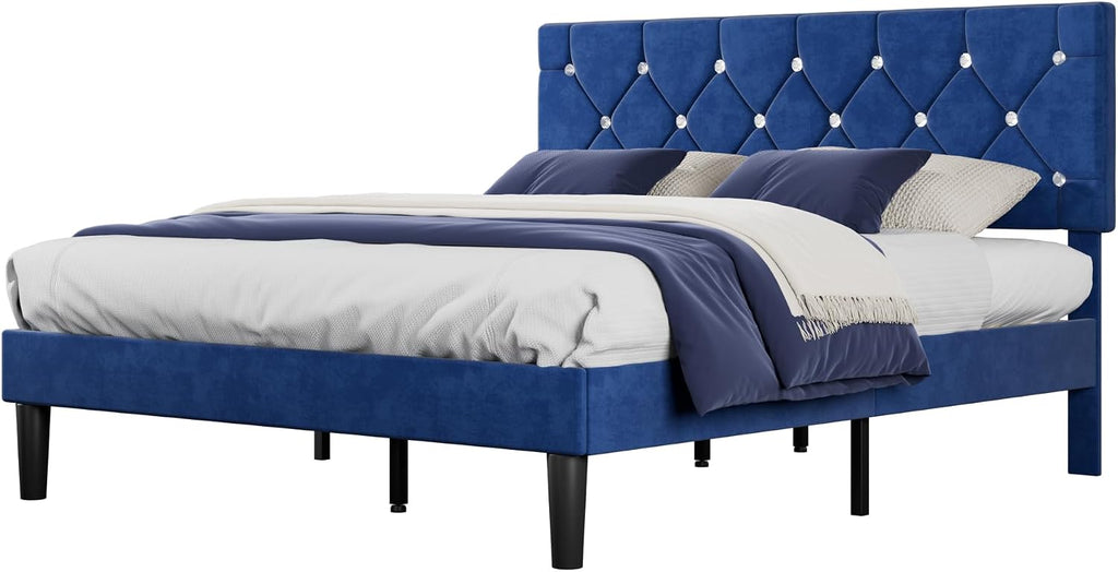 VECELO Queen Size Bed Frame, Upholstered Platform with Adjustable Diamond Tufted Headboard, Wood Slat Support, No Box Spring Needed, Navy Blue