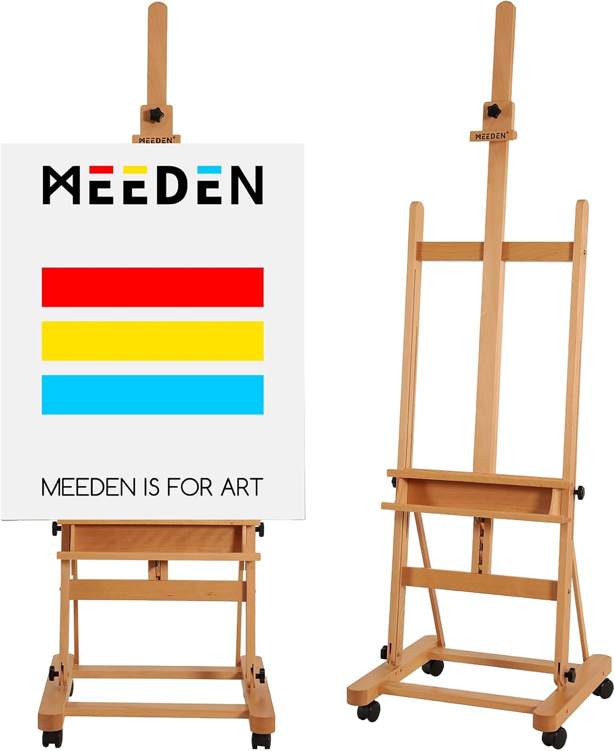 MEEDEN Large Studio H-Frame Beech Wood Artist Easel - Adjustable Movable Tilting Easel, Floor Painting Easel Stand, Holds Canvas Art up to 48'