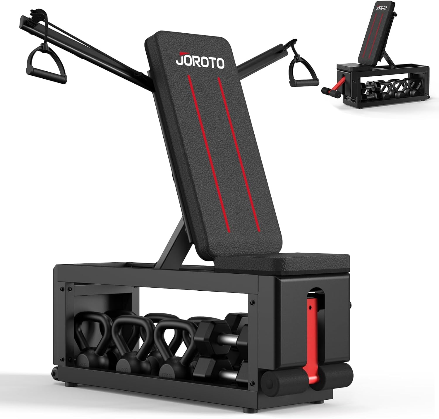 JOROTO 5-in-1 Adjustable Weight Bench with Cable Crossover, 990 LBS Weight Bench With Storage, Combining Adjustable Bench, Cable Crossover Machine, Storage Box with Wheels in One Compact Unit