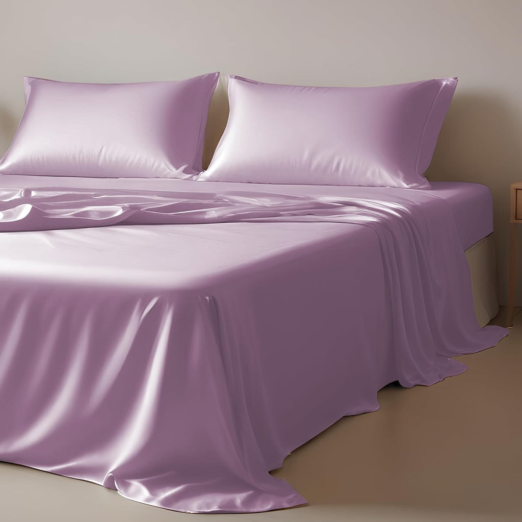 16 Momme 100% Mulberry Silk Bedding Set Full XL Size 4-Piece Luxury (2 Pillowcases, 1 Fitted Sheet, 1 Flat Sheet) - 6A Grade Natural Silk Fits 22-25' Deep Pocket (Solid, Lavender)