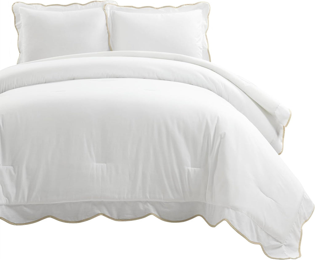 Lush Decor Coastal Chic Scalloped Edge Comforter Set, 3 Piece Set Full/Queen, Neutral & White - Queen Bedding Set - White Comforter Queen - Coastal Decor