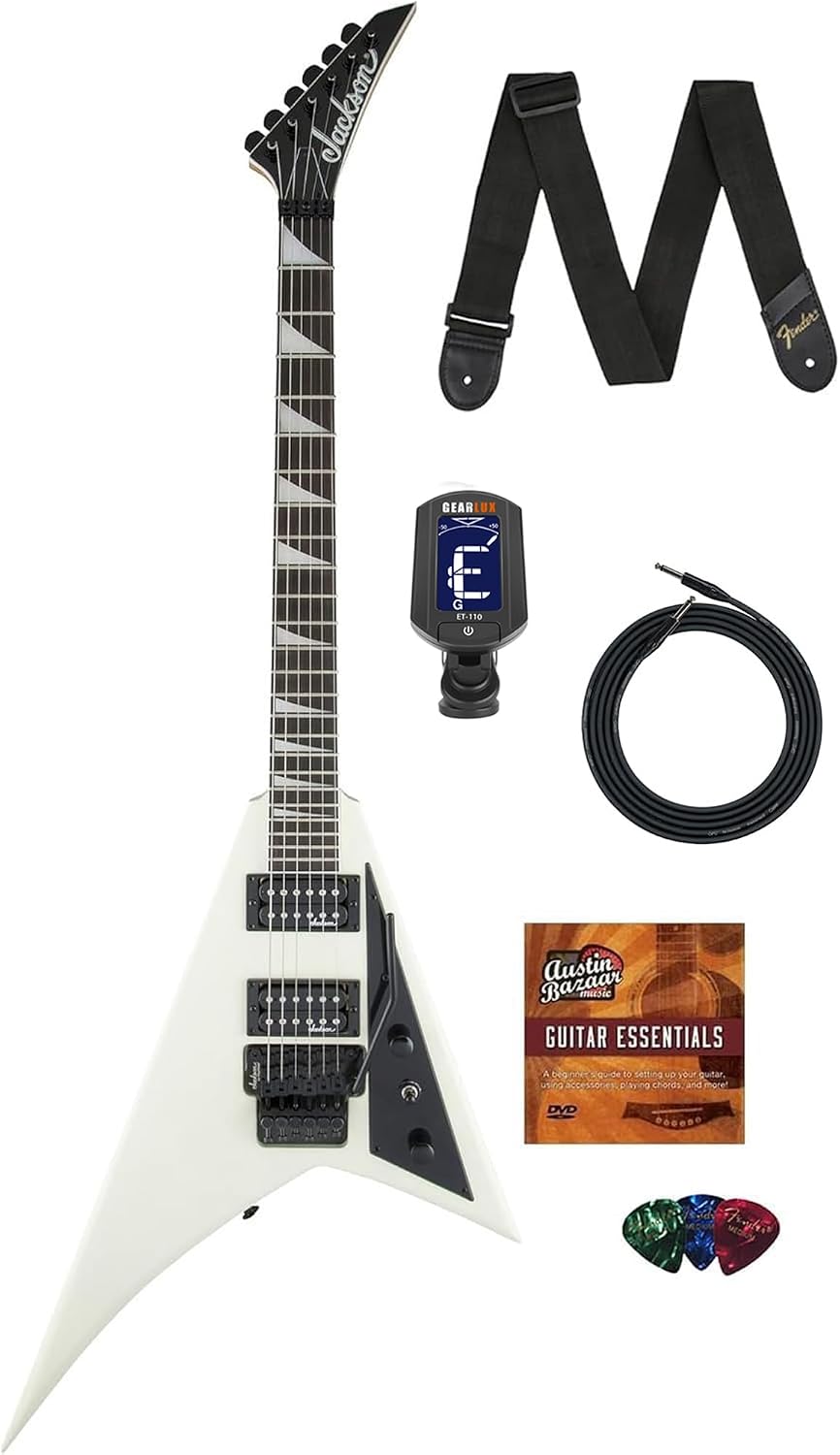 Jackson Rhoads JS32 Electric Guitar - Ivory Bundle with Cable, Tuner, Strap, Picks, and Austin Bazaar Guitar DVD