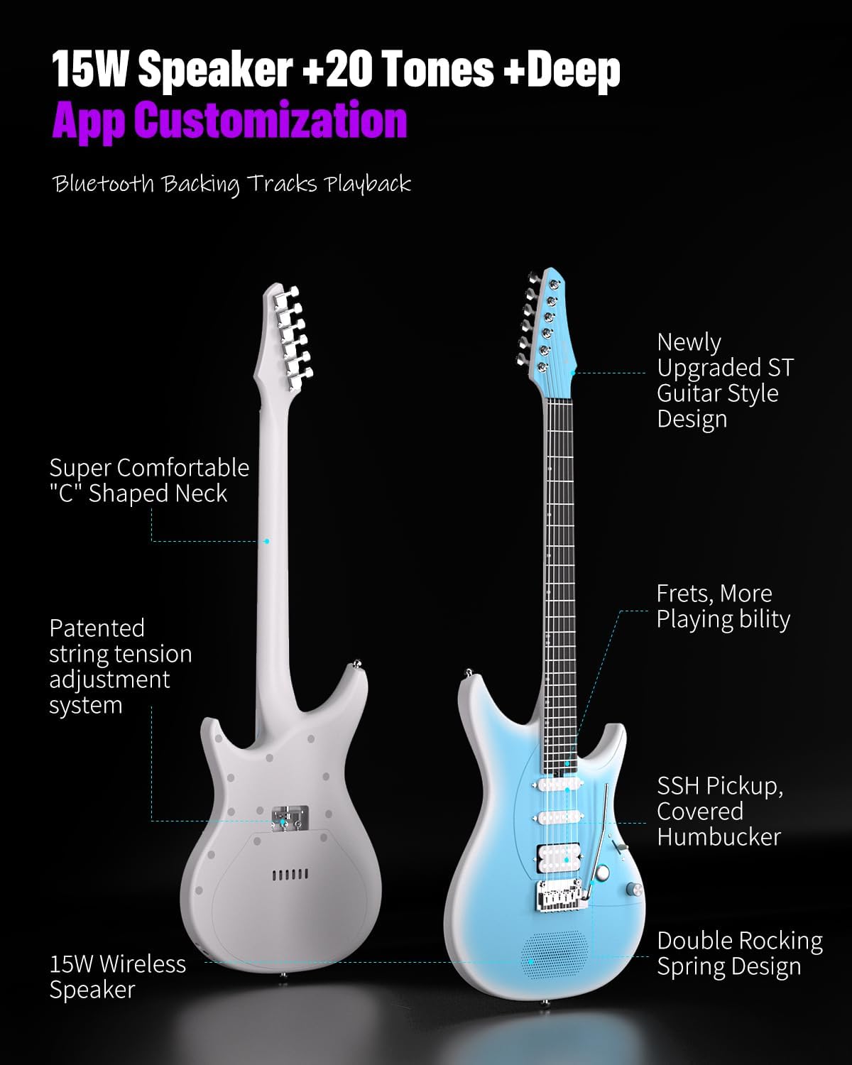 Enya Inspire 39' Smart Electric Guitar - Carbon Fiber Body with Built-in 15W Speaker, 20 Tones & App Control, 4 Presets, Bluetooth, Gig Bag Included, 2-Year Warranty