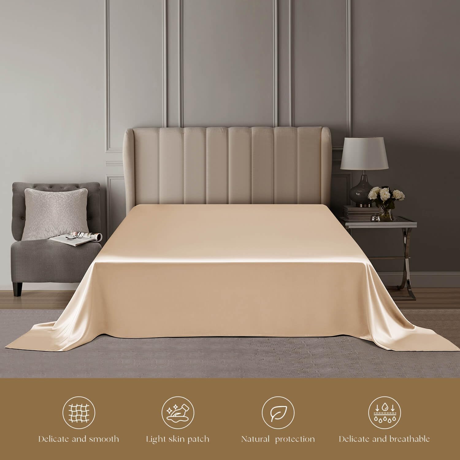 DISANGNI 22 Momme 100% Mulberry Silk Bedding Set - 4-Piece Luxury (2 Pillowcases, 1 Fitted Sheet, 1 Flat Sheet) - 6A Grade Natural Silk (Champagne, Queen)