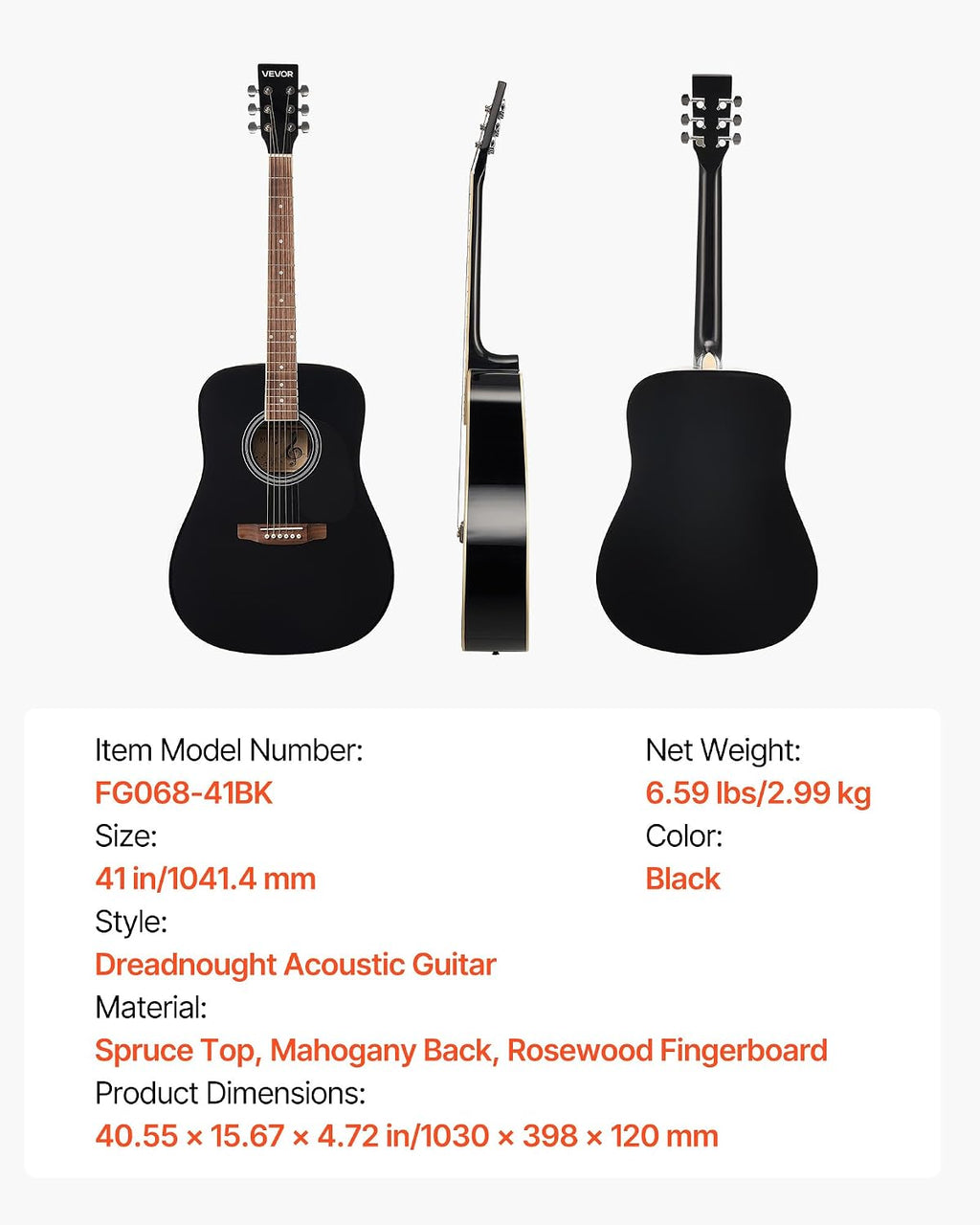 VEVOR Dreadnought Acoustic Guitar, 41 in, 6-String Black Solid Spruce Top Guitar, Beginner Bundle with Gig Bag, Tuner, Strap, Steel Strings, Picks, Capo, Rosewood Fingerboard, for Adult Taller Player