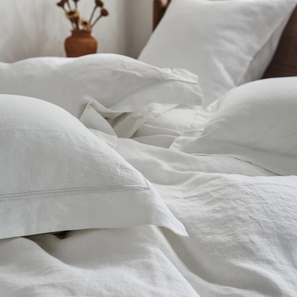 Simple&Opulence 100% Washed Linen Duvet Cover with Embroidered,3 Pieces Soft Farmhouse Comforter Set with Button Closure,1 Duvet Cover and 2 Pillowshams (California King,White)