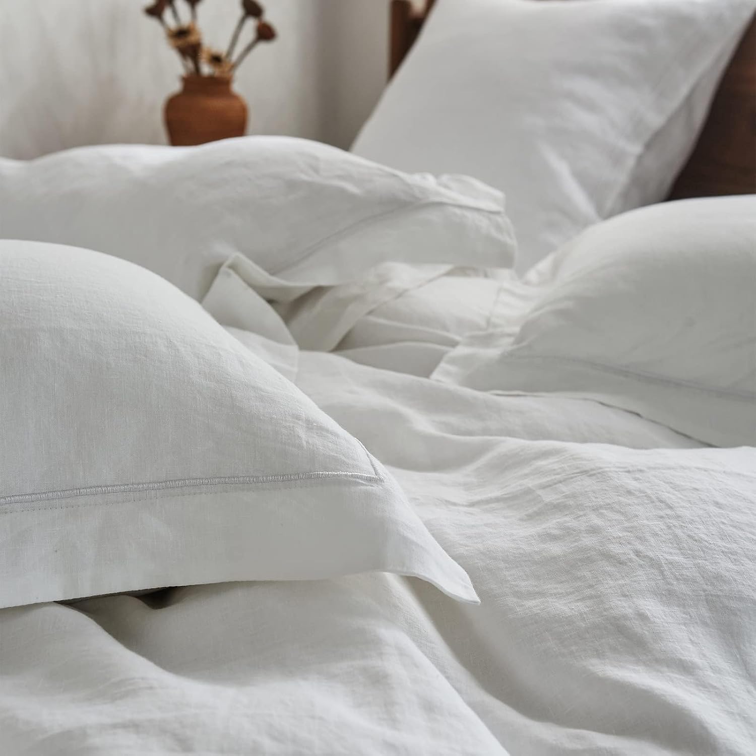 Simple&Opulence 100% Washed Linen Duvet Cover with Embroidered,3 Pieces Soft Farmhouse Comforter Set with Button Closure,1 Duvet Cover and 2 Pillowshams (California King,White)