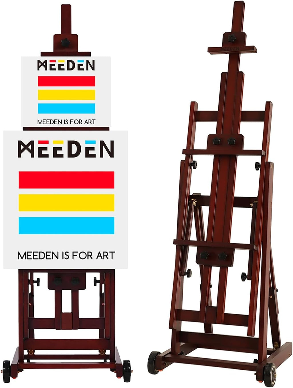 MEEDEN Multi-Function Studio Easel,H-Frame Easel,Painting Easel for Adults,Artist Easel,Floor Easel,Solid Beech Wooden Easels w/Front Wheels,Holds Canvas Art up to 77' - Deep Walnut