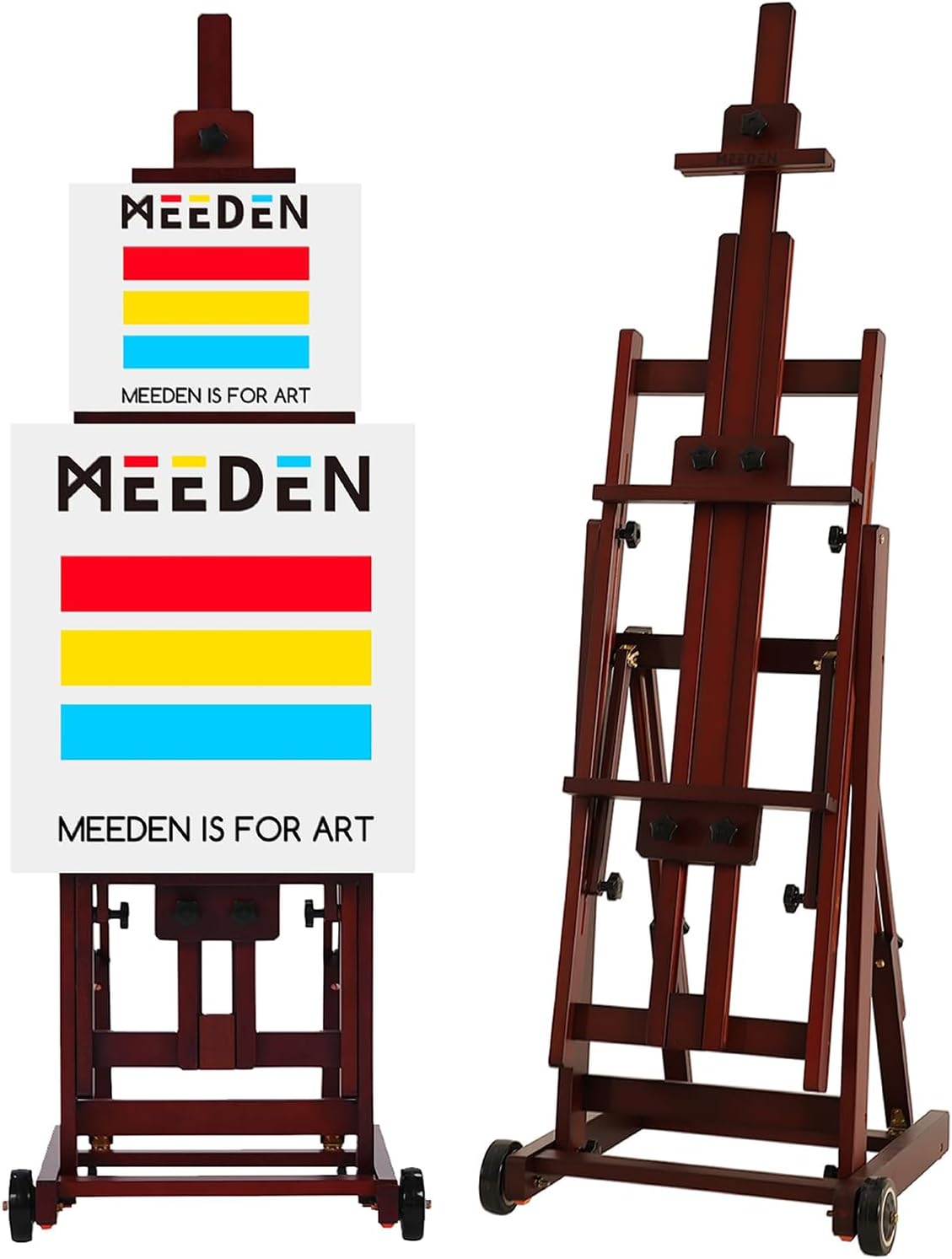 MEEDEN Multi-Function Studio Easel,H-Frame Easel,Painting Easel for Adults,Artist Easel,Floor Easel,Solid Beech Wooden Easels w/Front Wheels,Holds Canvas Art up to 77' - Deep Walnut
