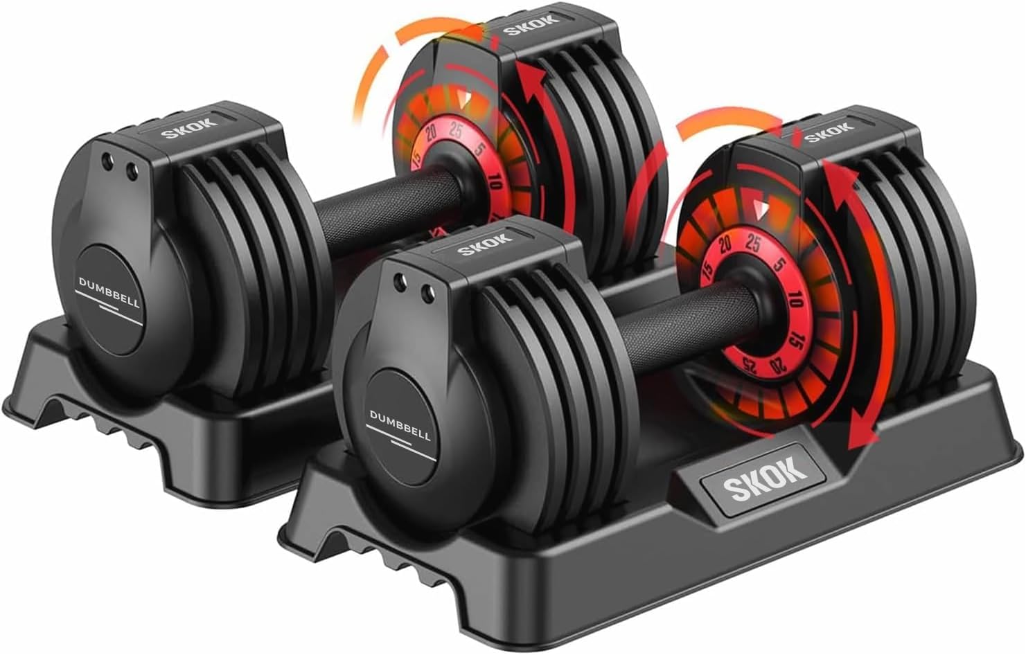 SKOK 25/55 lbs Pair Adjustable Dumbbells Set, Adjustable Weights Dumbbells Set for Men and Women with Anti-Slip Fast Adjust Weight by Turning Handle Dumbbell with Tray