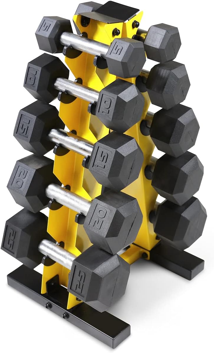 WF Athletic Supply 5-25Lb Rubber Coated Hex Dumbbell Set with A Frame Storage Rack Non-Slip Hex Shape for Muscle Toning, Strength Building & Weight Loss - Multiple Choices Available
