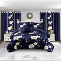 9 Pieces Bed in a Bag with Curtains,King Size,Navy Blue and White Flower,Coverlet Quilted Bed Throw,Bedcover,Machine Washable,Gift for Wedding and Fastival