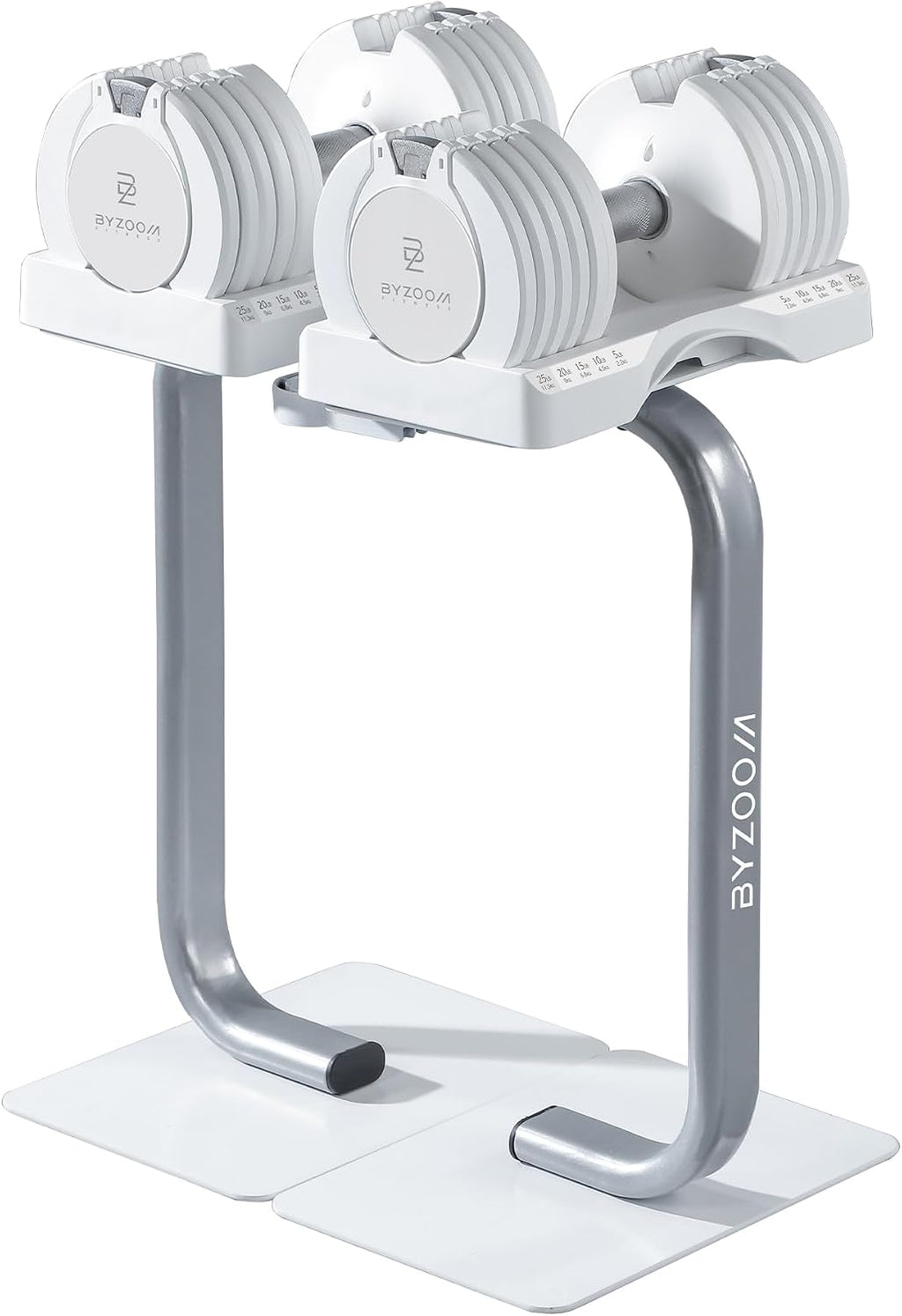 BYZOOM FITNESS White 25lb Adjustable Dumbbell & Dumbbell Stand Set for Weight Training Fitness Exercise Body Workout