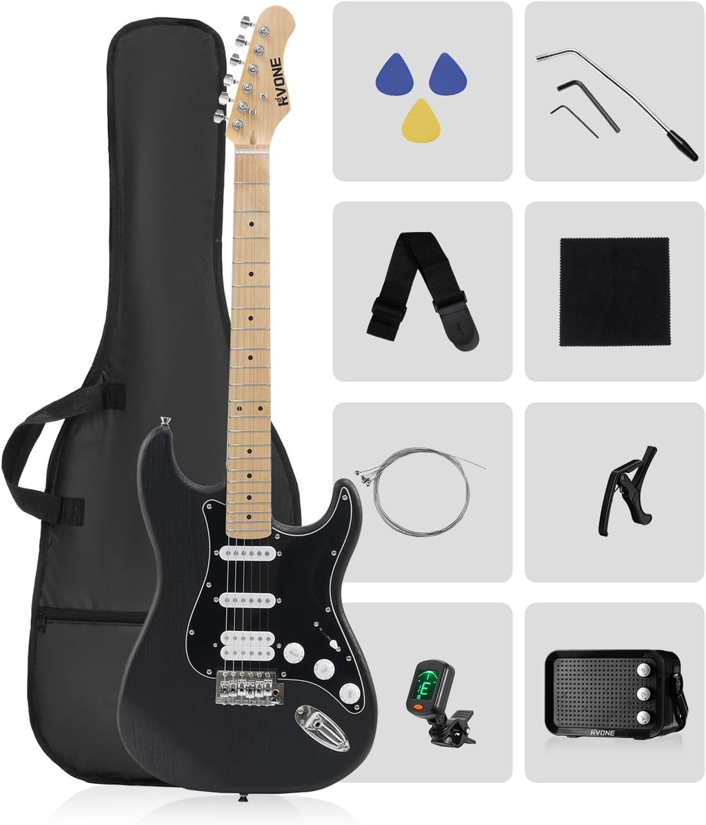RVONE RST-150 39' Beginner Electric Guitar Kit with Amp & HSS Pickups | Complete Starter Set for Newcomers w/Essentials | Gig Bag, Extra Strings, Digital Tuner, Capo, Strap | Home Practice (Black)
