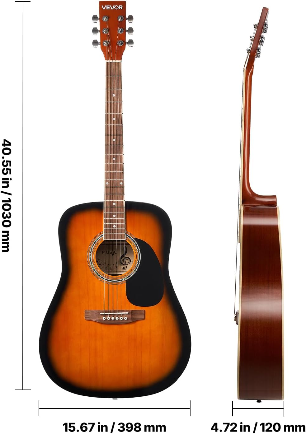 VEVOR Dreadnought Acoustic Guitar, 41 in, 6-String Sunburst Solid Spruce Top Guitar, Beginner Bundle with Gig Bag, Tuner, Strap, Strings, Picks, Capo, Rosewood Fingerboard, for Adult Taller Player