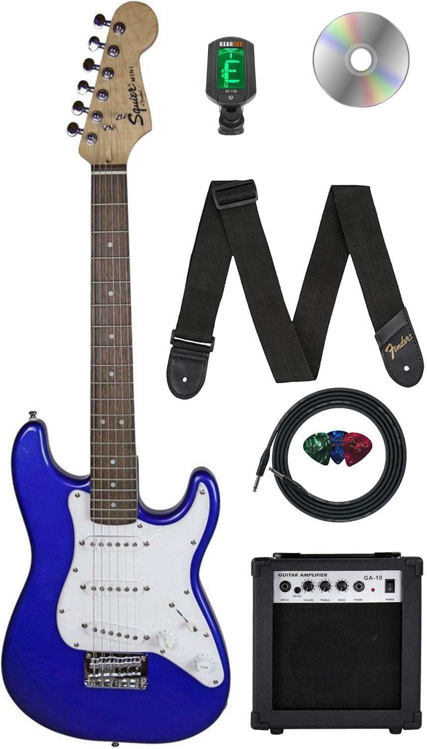 Fender Squier 3/4-Size Kids Mini Strat Electric Guitar - Imperial Blue Bundle with Amplifier, Cable, Tuner, Strap, Picks, and Austin Bazaar Instructional DVD