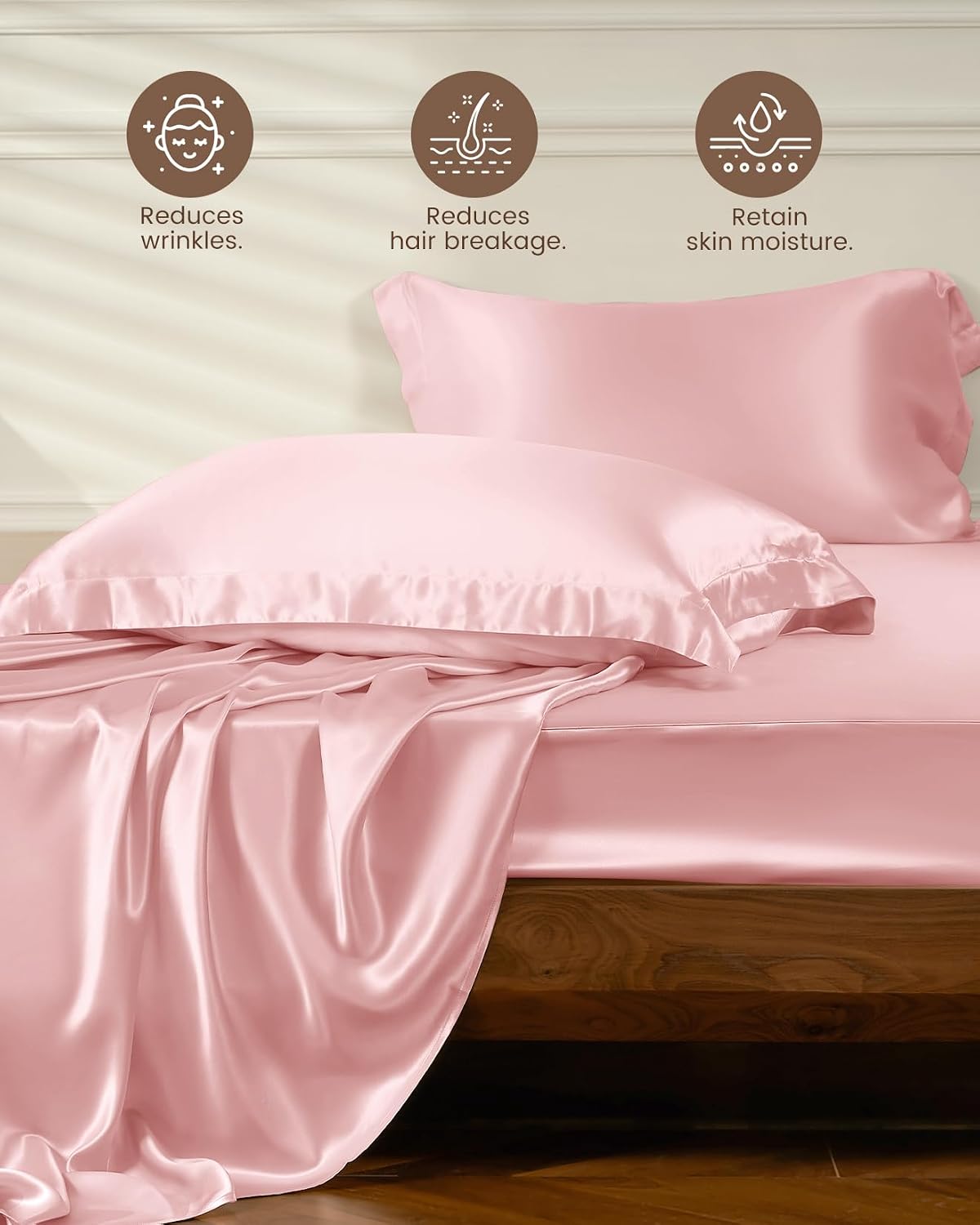 THXSILK 4pcs Silk Bed Sheets Set, 100% Long Stranded 25 Momme Mulberry Silk Bedding Set, Sheets and Pillowcase Set, Extremely Soft and Luxurious (Charming Pink, Queen)