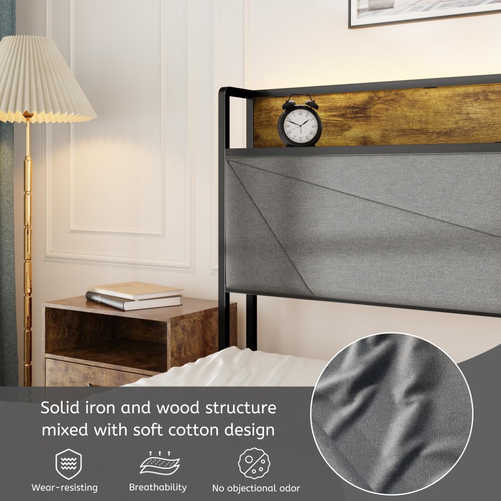 Full Size Bed Frame with 4 Storage Drawers and 2 USB Ports, Upholstered Platform Bed Frame with Storage Headboard Charging Station and Metal Slat Support, No Box Spring Needed, Dark Grey.