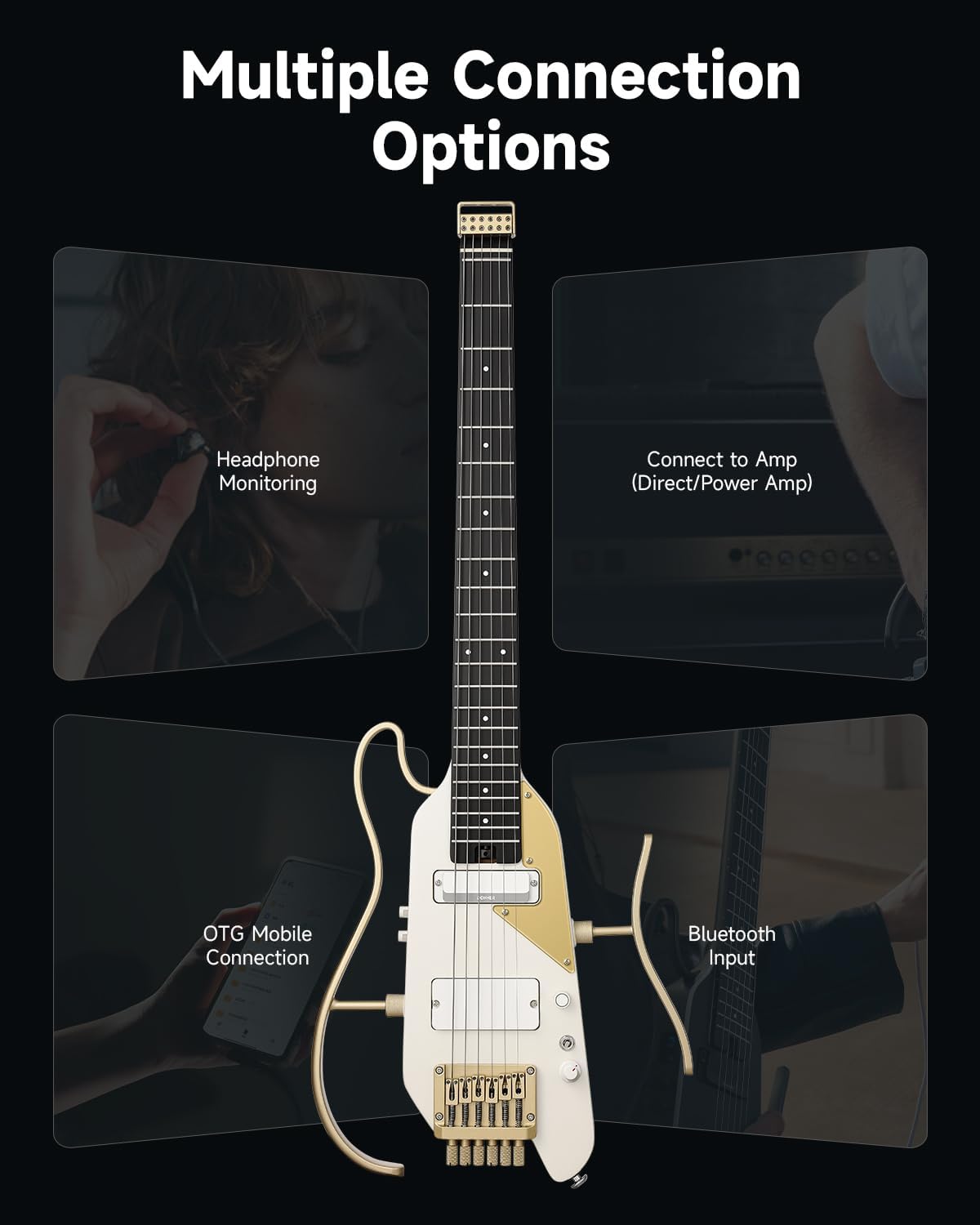 Donner HUSH X PRO Electric Guitar Kit - Smart Travel Guitar with Dozens of Preset Combinations, 7 Tone Sim Options, White-Luxe