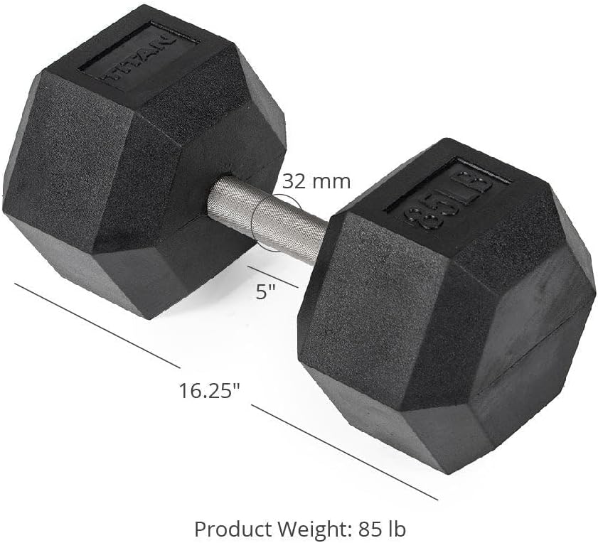 Titan Fitness Free Weights, Rubber Coated Hex Dumbbell, Straight Stainless Steel Handle, Strength Training, Full Body Workout