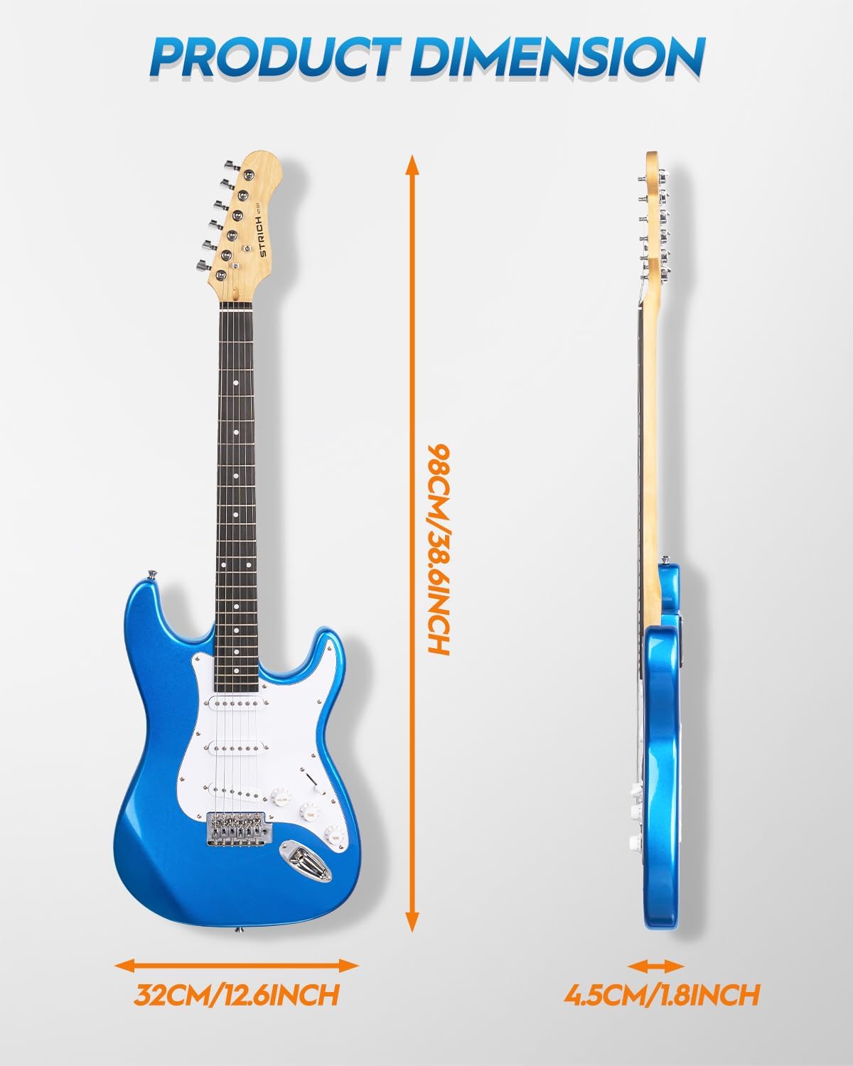 STRICH Electric Guitar Beginner Kit, Solid Body 39' Full Size Electric Guitar SSS Pick Up for Starter, with 5W x 2 Amp, Bag, Digital Tuner, Capo, Strap, String,Cable, Picks, SST-S10 Sapphire Blue