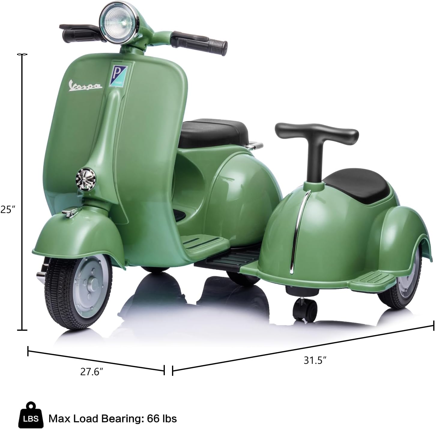 Licensed Vespa Kids Ride On Car with Side Car & Speaker | Motorcycle 2 Seater Three Wheeled Toy Car Rechargeable with Music Player, Volume Button, Lights, USB Plug, Forward, Backward, Green