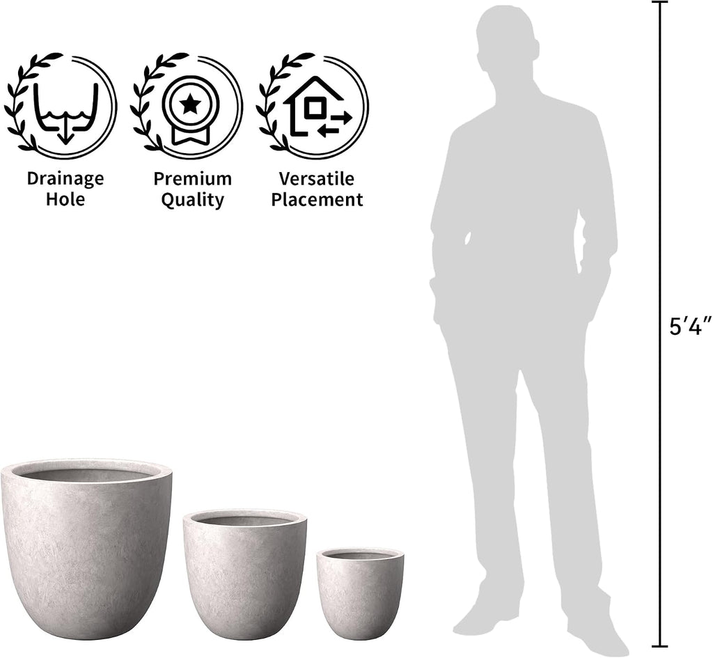 Kante 18',14',10' Dia Concrete Round Planters (Set of 3), Outdoor Indoor Large Planter Pots with Drainage Hole and Rubber Plug for Home Patio Garden, Light Gray