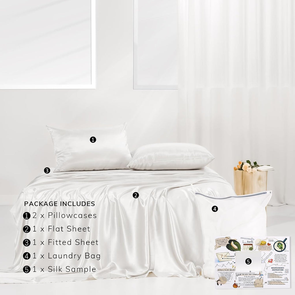 PROMEED 100% Pure Mulberry White Silk Sheet Set 4pcs, 23 Momme Grade 6A+ Silk Bed Sheets Set with Cooling Sheets and Pillowcases (White, Queen)