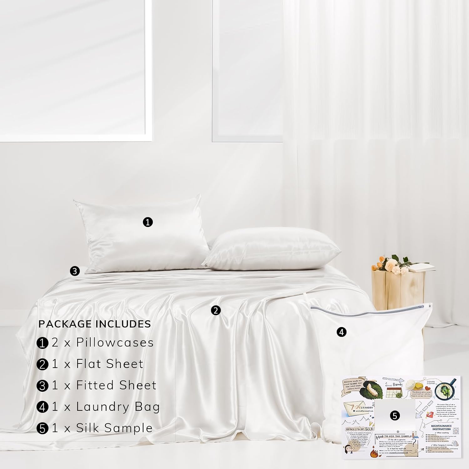 PROMEED 100% Pure Mulberry White Silk Sheet Set 4pcs, 23 Momme Grade 6A+ Silk Bed Sheets Set with Cooling Sheets and Pillowcases (White, Queen)