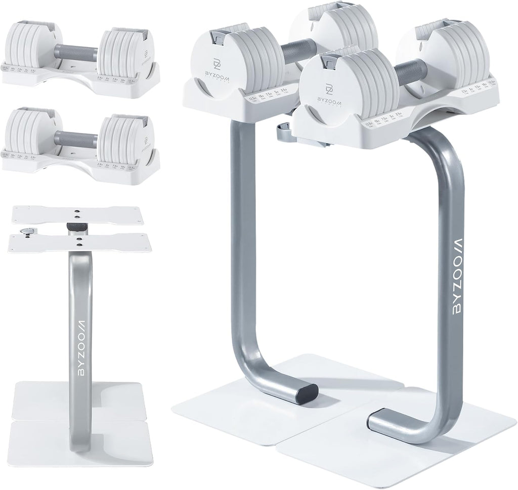 BYZOOM FITNESS 12.5LB Adjustable Dumbbell with Dumbbell Stand Bundle Set, White