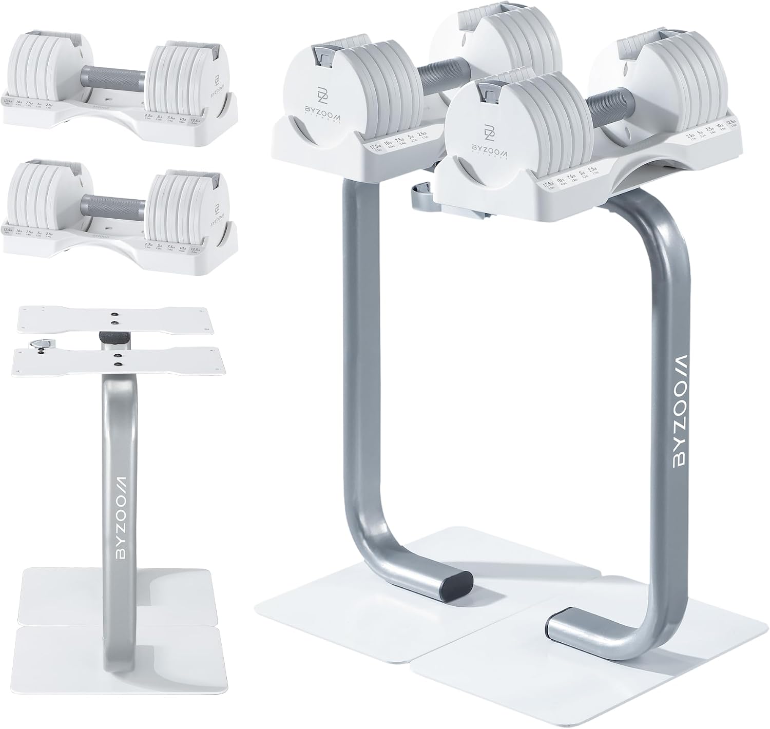BYZOOM FITNESS 12.5LB Adjustable Dumbbell with Dumbbell Stand Bundle Set, White