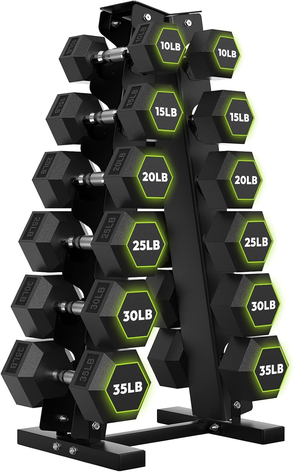 HANDBODE Rubber Coated Hex Dumbbell Set with A-Frame Rack, 100 lb - 550 lb Multiple Options Weight, Hexagon Non-Rolling Shape, Ergonomic Knurled Handle, Home Gym Equipment for Strength Training