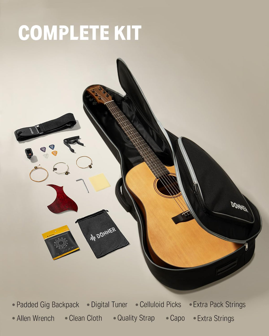 Donner 41' Acoustic Guitar Bundle for Beginners Adults with Online Lesson, 4/4 Full Size Steel Acustica Guitarra with Gig Bag, Tuner, Strap, Strings, Picks, Capos, Cutaway, Natural, DAG-1C/DAD-110C