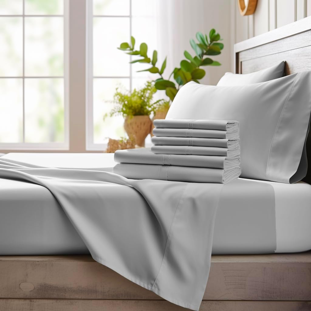 Bamboo Bay 6 Piece Full Size Sheet Set, 100% Viscose Made from Bamboo, Breathable, Ultra Soft Cooling Bed Sheets for Hot Sleepers, Beddings with Deep Pockets Fit 16' Mattress, Light Grey
