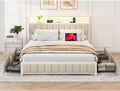 Queen Size Platform Bed with 4 Drawers, Metal Bed Frame with LED Lights and Charging Station, No Box Spring Needed, (Beige), Noise Free,Easy Assemble.