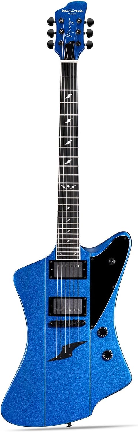 WestCreek Mirage Solid Body Electric Guitar, Mahogany Body, Ebony Fretboard, Maple Neck, Rounded End Frets, Bone Nut, 24 Frets (Blue)