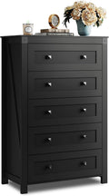 WLIVE Farmhouse Black Dresser for Bedroom, 5 Drawer Dresser Storage Organizer, Tall Wood Dressers with Double Rustic Handle, Chest of Drawers for Living Room, Hallway, Closet