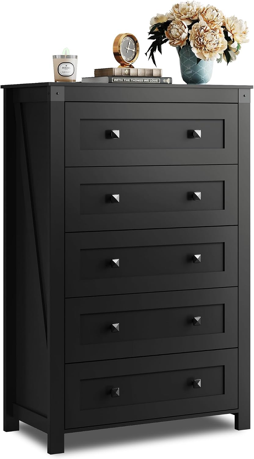 WLIVE Farmhouse Black Dresser for Bedroom, 5 Drawer Dresser Storage Organizer, Tall Wood Dressers with Double Rustic Handle, Chest of Drawers for Living Room, Hallway, Closet